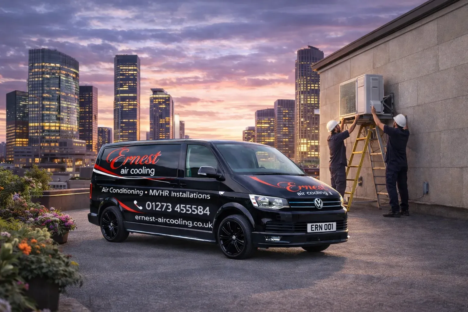 Ernest Air Cooling branded van with engineer installing air conditioning against a city skyline at twilight