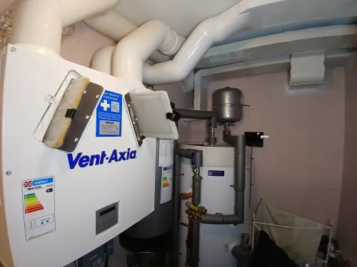 MVHR installation with ducting and filters pulled out