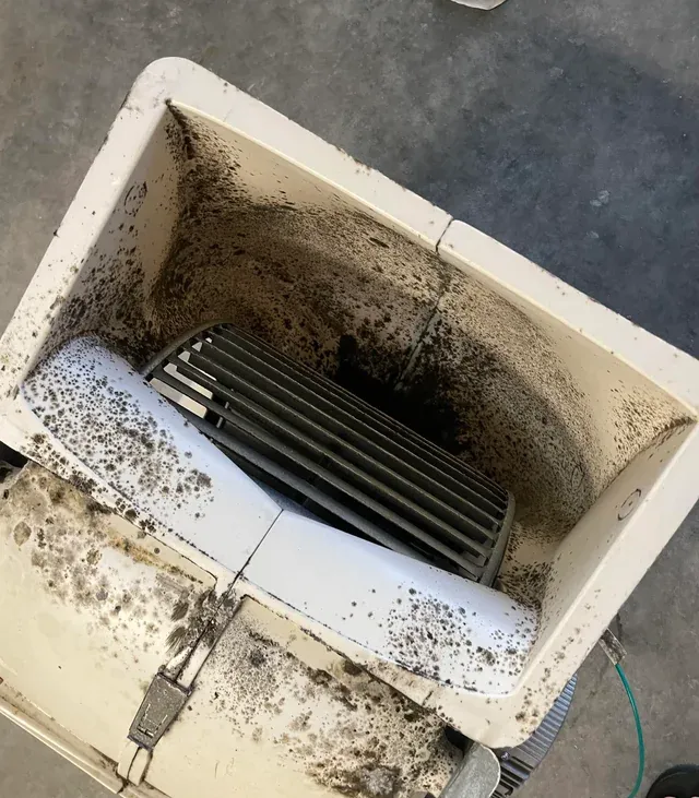 Heavily dusted MVHR fan housing showing poor maintenance in Shoreham new-build flat